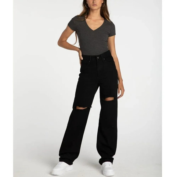 RSQ Denim - NEW RSQ Black Distressed High Rise Baggy Jeans Straight Leg Women's Size 23